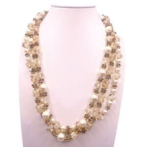 Vntg Napier Signed Three Strands Necklace Faux Pearls and Quartz Beads